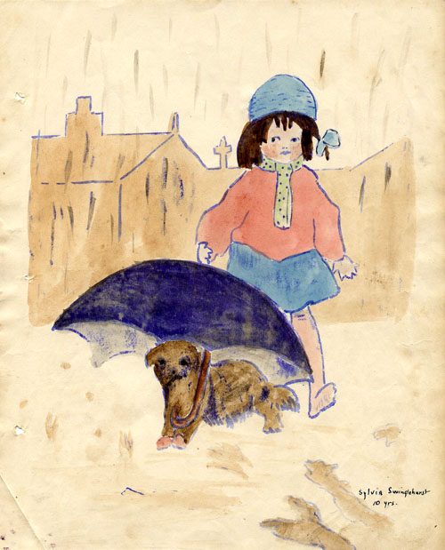 girl, dog, umbrella
